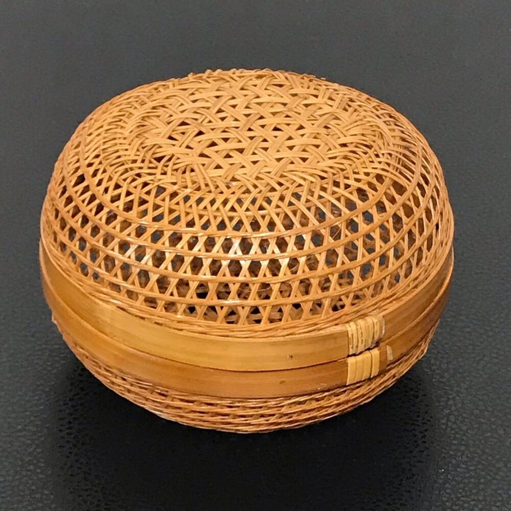 Vintage Rattan Wicker Woven Basket Lidded Trinket Box Bowl Display Storage MCM